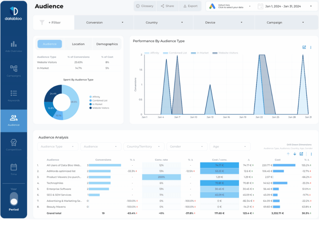 Essential Google Ads Looker Studio Report Template - Audience Overview